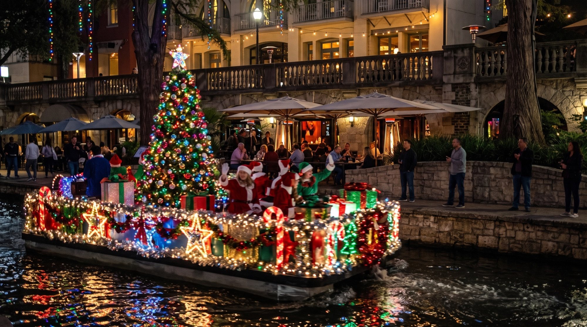 Rendering of a decorated parade float passing the Iron Cactus River Walk patio on parade night