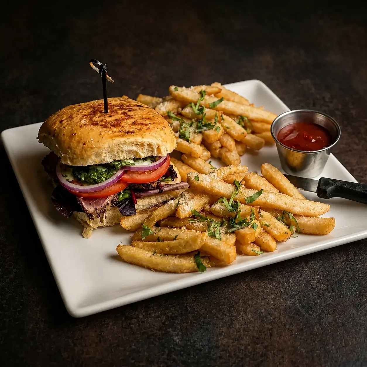 Ahi tuna sandwich on a jalapeño-cheese sourdough bun served on a rectangular white plate with seasoned house fries and ketchup at Iron Cactus
