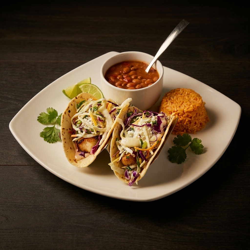 Baja fish tacos with citrus crema and cabbage slaw