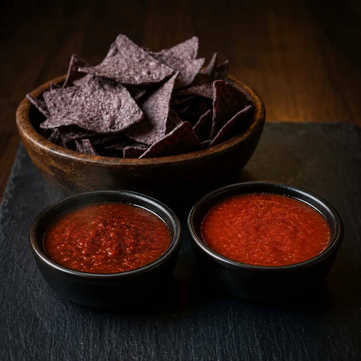 Siete blue corn tortilla chips in a wooden bowl with two black ceramic cups of salsa — cold red table salsa and darker char-roasted salsa — at Iron Cactus