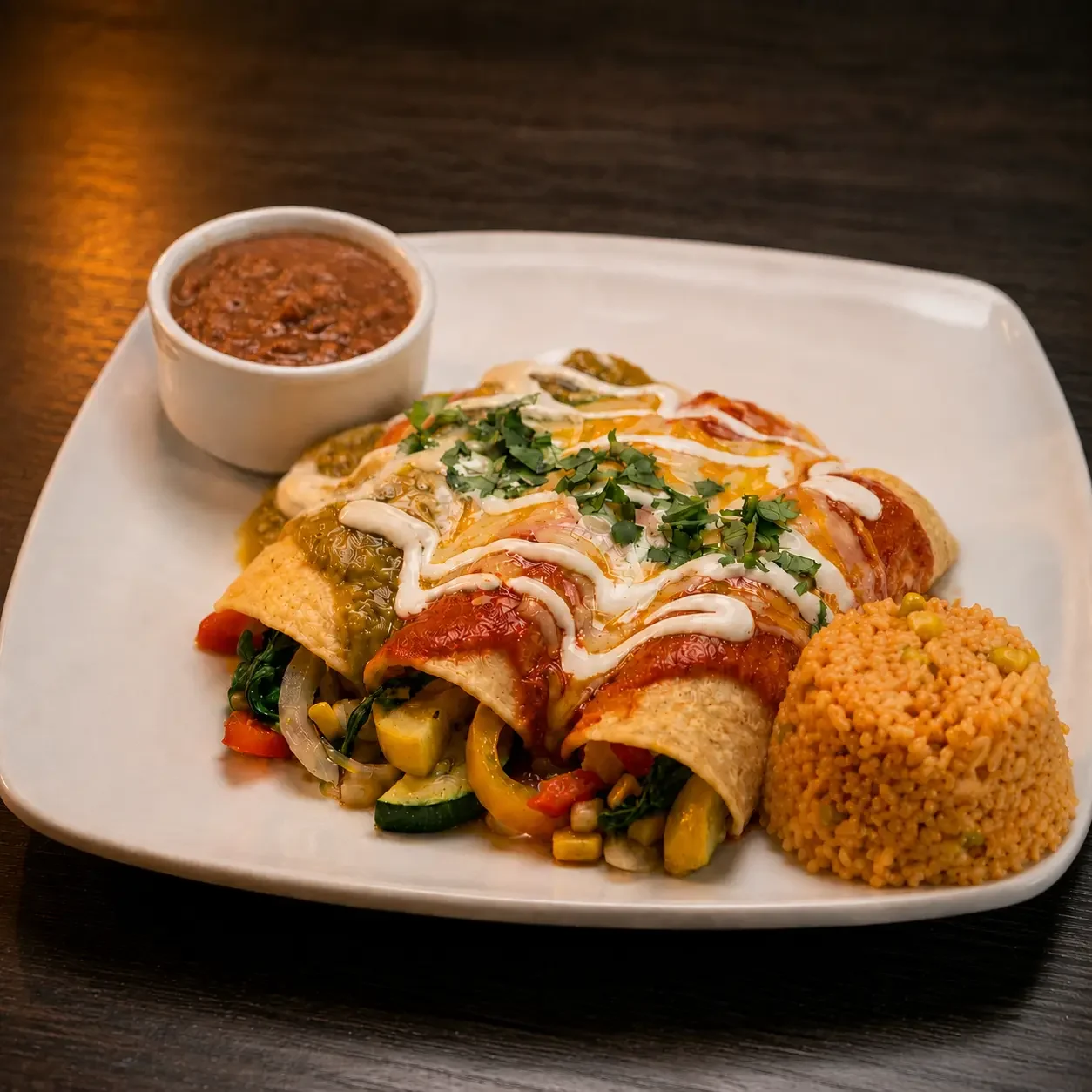 Veggie enchiladas with red and green sauce, sautéed squash and peppers, Mexican rice and a cup of borracho beans at Iron Cactus