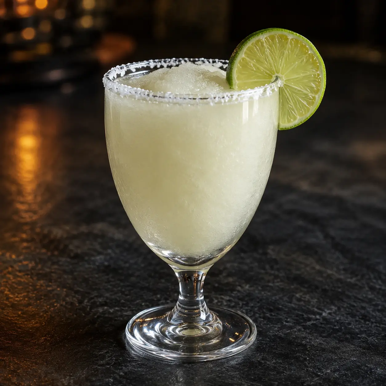 Small frozen house margarita in a salt-rimmed goblet with a lime wheel — $7 happy hour at Iron Cactus