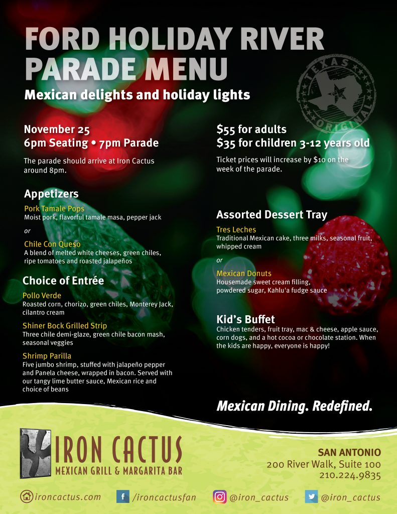 Iron Cactus River Walk Lighting of the River Parade Menu Iron Cactus